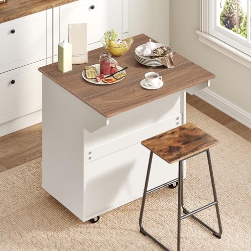 MAHANCRIS Kitchen Island on Wheels with Drop Leaf, Folding Countertop Kitchen Island Cart, Kitchen Island Table with Towel Rack, Drawer, for Kitchen, Dining Room, White and Walnut KIBZ12501 - color: White and Walnut