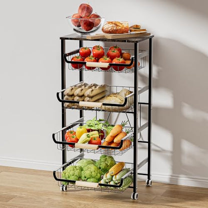 JAQ 5-Tier Fruit Vegetable Storage Cart with Wood Top, Rolling Kitchen Basket Organizer with Ergonomic Wood Handle & Wheels for Snacks Produce, Heavy Duty Metal Vianderos para Cocina Modernos, Black - color: 5-tier/Black
