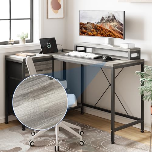 Patikuin L Shaped Desk with Power Outlets & LED Lights, Computer Desk with Drawers & Shelves, Corner Desk Gaming Desk Home Office Desk, Oak - color: Oak