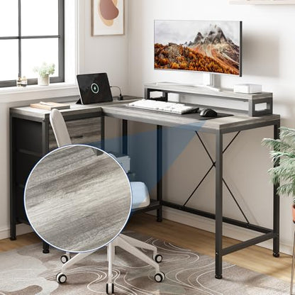 Patikuin L Shaped Desk with Power Outlets & LED Lights, Computer Desk with Drawers & Shelves, Corner Desk Gaming Desk Home Office Desk, Oak - color: Oak