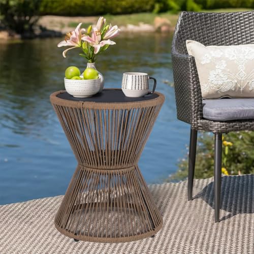SUNNYPARK Small Outdoor Side End Table Modern Hourglass Style 20" H | Tempered Glass Top, Hand-Woven Rope, Easy Assembly, All Weather, Round Accent Table for Coffee Patio Balcony Poolside - color: Brown