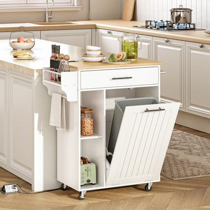HOOBRO Kitchen Island with Trash Can Storage, Rolling Kitchen Island on Wheels, Kitchen Storage Island with Power Outlet, Mobile Islands Table for 10 Gallon Garbage Bin, Natural and White WN80UZD01G1 - color: Natural + White