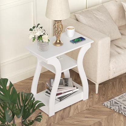 FROMJBEST End Tables Living Room, White End Table with Charging Station | Side Table Living Room, with USB Ports and Outlets, Nightstand for Bedroom, 3-Tier Storage Shelf, Bedside Table - color: White01