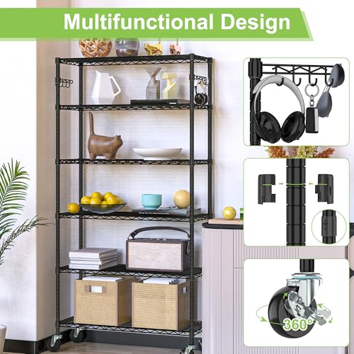6 Tier Wire Metal Shelving Rack Garage Storage Rolling Shelves with Wheels | Heavy Duty Adjustable Industrial Shelves Unit Utility Sturdy Shelving for Kitchen Garage Pantry Bathroom Laundry - size: 6-Tier Metal Shelf（36L x 14W x 75H）