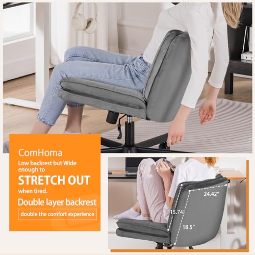COMHOMA Cross Legged Office Chair with Wheels Armless-Office Desk Chair, Modern Vanity Computer Task Chairs for Home Bedroom, Comfortable Wide Seat for Lower Back Pain Relief, Soft Velvet, Gray - color: Gray Velvet