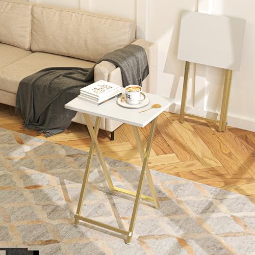 Acovy Foldable TV Trays, Small Folding Table, TV Trays Set of 2, TV Dinner Tray, Side Table for Bed, Couch, Portable Easy to Move, White & Gold - color: White & Gold-2pcs