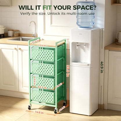 5 Tier Kitchen Storage Cart with Wheels, Utility Fruit Vegetable Storage Rack Stand with Pull-Out Baskets & Wood Top, Metal 4-Drawers Rolling Snack Cart, Kitchen Cart for Potato Onion(Green) - color: Green