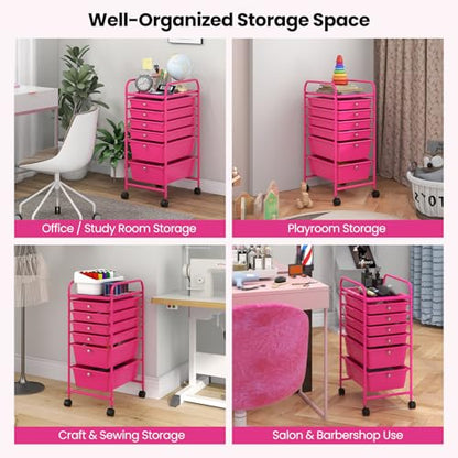 DREAMADE Rolling Cart with Storage Drawers, Utility Cart w/Removable Plastic Drawers, Lockable Wheels, Art Cart for Classroom Organization Art Supplies Office Scrapbook (6 Drawers, Hot Pink) - color: Hot Pink, style: 6 Drawers