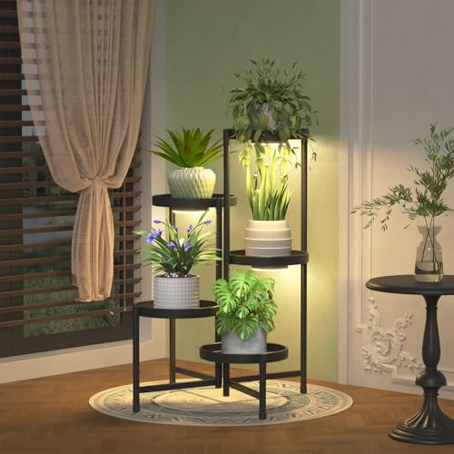 iDavosic.ly 5 Tier Large Plant Stand Indoor with Grow Light, Tiered Corner Metal Outdoor Flower Display Holder Shelf with 10 Inch Wide Tray, Folding Tall Rack for Patio Porch Living Room, Black - color: Black with Lights, size: 5 Tiers