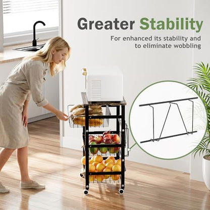 JAQ Fruit Vegetables Carts, 4-Tier Slide Out Metal Storage Baskets Stand Organizers with Wood Top and Handle on Rolling Wheels for Onions in Kitchen Pantry Fruteros para Cocina -(Black, 4 Layer) - color: 4-tier/Black