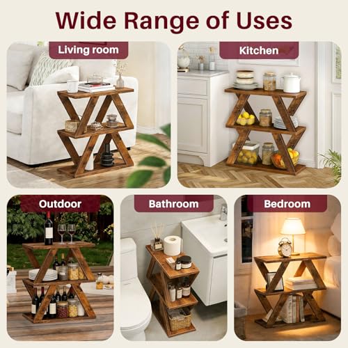 Set of 2 Side Table, 3 Tier Side Table with Side Guard Rails & Anti-Slip Pads, Narrow End Table for Small Spaces, Slim Nightstand with Storage Shelves for Bedroom, Living Room, Rustic Brown - color: Rustic Brown
