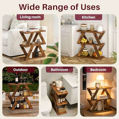 Set of 2 Side Table, 3 Tier Side Table with Side Guard Rails & Anti-Slip Pads, Narrow End Table for Small Spaces, Slim Nightstand with Storage Shelves for Bedroom, Living Room, Rustic Brown - color: Rustic Brown