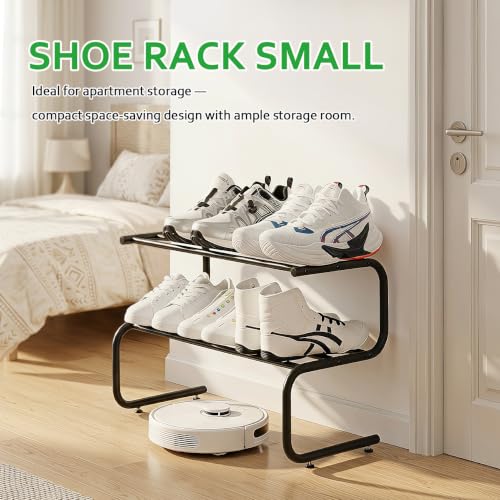 Black Metal Shoe Rack, 2 Tier 5-Shaped Shoe Storage Organizer, 24” Wide Compact Shoe Shelf for Entryway, Closet Floor, Hallway, Small Spaces, Free Standing Front Door Entrance Shoe Shelves