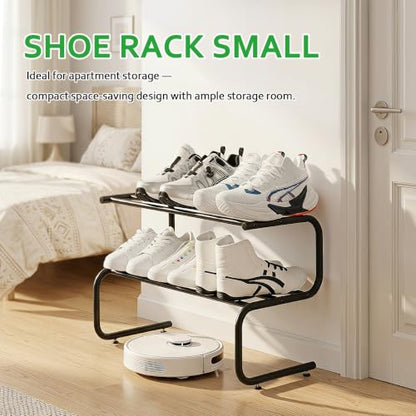 Black Metal Shoe Rack, 2 Tier 5-Shaped Shoe Storage Organizer, 24” Wide Compact Shoe Shelf for Entryway, Closet Floor, Hallway, Small Spaces, Free Standing Front Door Entrance Shoe Shelves