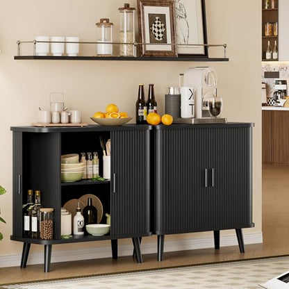 Sideboard Buffet Cabinet with Sliding Door, 31.5" Wide Fluted Modern Accent Storage Cabinet with Adjustable Shelves, Wood Coffee Bar Buffet Console Table for Kitchen, Dining Room, Living Room, Black - color: Black
