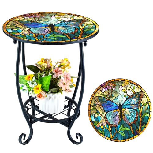 Cinnvoice Outdoor Side Table Round Small Mosaic Patio Accent Indoor End Plant Coffee Tea Table for Yard Patio Porch Garden Living Room, Bedroom(Butterfly Style,12 Inch) - size: 12 Inch, style: Butterfly Style