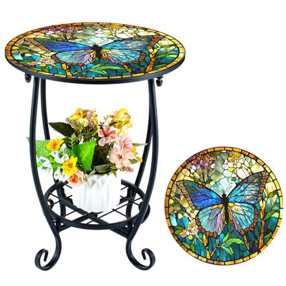 Cinnvoice Outdoor Side Table Round Small Mosaic Patio Accent Indoor End Plant Coffee Tea Table for Yard Patio Porch Garden Living Room, Bedroom(Butterfly Style,12 Inch) - size: 12 Inch, style: Butterfly Style