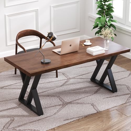 tiedingdingjiajuSolid Wood Desk 63 Inch, Rustic Wooden Writing Desk with Sturdy Metal Frame, Modern Simple Design Executive Real Wood Computer Desk for Home Office, Bedroom & Living Room - size: 62.99in
