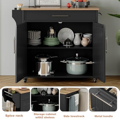 Kitchen Island with Storage, Wooden Countertop Rolling Kitchen Island On Wheels Storage Cabinet, Mobile Kitchen Island Cart with Towel Rack, Spice Rack and Drawers,Black - color: Black