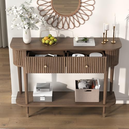 JOINICE 43" Entryway Table with Drawers,Fluted Console Table with Storage Shelf,Narrow Sofa Table for Living Room,Hallway,Foyer,Walnut - color: Walnut