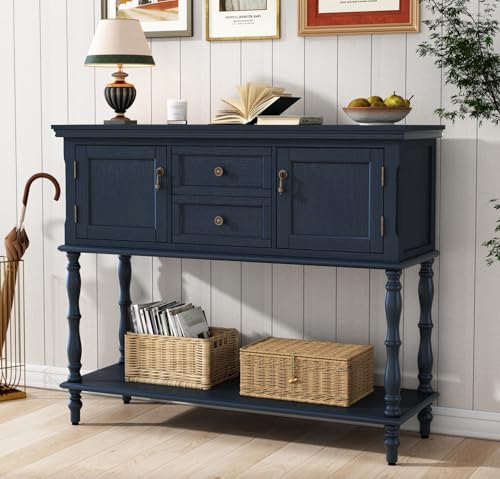 ARTPOWER Console Table with 2 Drawers, Retro Entryway Table with 2 Door | Solid Wood Veneer Entry Table, Behind Couch Sofa Table with Open Storage Shelf for Living Room, Foyer, Hallway - color: Blue