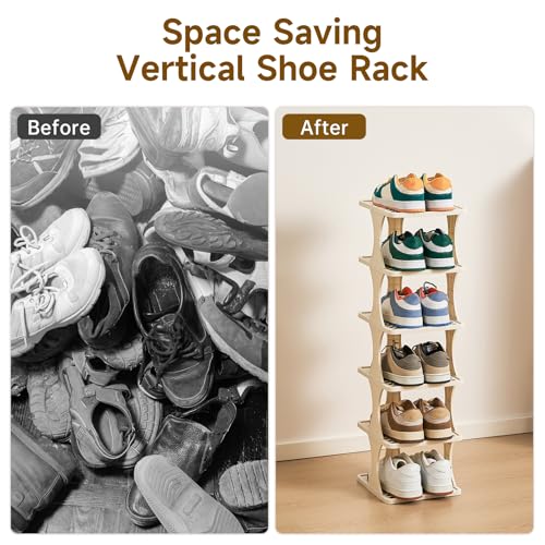 UFORU Vertical Shoe Rack 6 Tier, Narrow Free Standing Shoe Organizer for Closet, Entryway & Bedroom, Tall Plastic Narrow Shoe Rack for Small Spaces, Stackable Shoe Organizer& Easy to Assemble