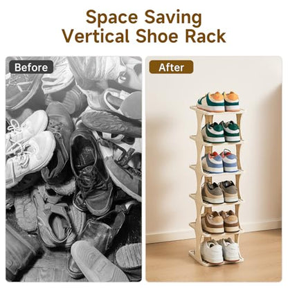 UFORU Vertical Shoe Rack 6 Tier, Narrow Free Standing Shoe Organizer for Closet, Entryway & Bedroom, Tall Plastic Narrow Shoe Rack for Small Spaces, Stackable Shoe Organizer& Easy to Assemble
