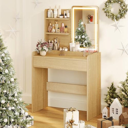 Memobarco Small Vanity Desk with Mirror and Lights, Makeup Vanity with Drawer & Storage Shelves, Vanity Desk with 3 Lighting Modes & Adjustable Brightness, Dressing Table for Women Girls Bedroom, Wood - color: Wood