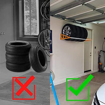 Tire Rack Wall Mount Adjustable 31"-56" Tire Storage Rack Wall Mount wheel rack with Heavy Duty Telescopic RodsSteel 400 Pound Weight Capacity (Orange)