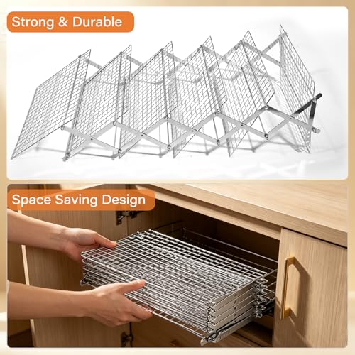 6 Tier Upgraded Collapsible Cooling Rack with Adjustable 3 Setting Design, Stackable Baking Rack with Clean Brush, Roasting Cooking Drying Wire Cooling Rack for Cookies Baking Roasting ＆ Grilling - color: Silver