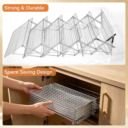 6 Tier Upgraded Collapsible Cooling Rack with Adjustable 3 Setting Design, Stackable Baking Rack with Clean Brush, Roasting Cooking Drying Wire Cooling Rack for Cookies Baking Roasting ＆ Grilling - color: Silver