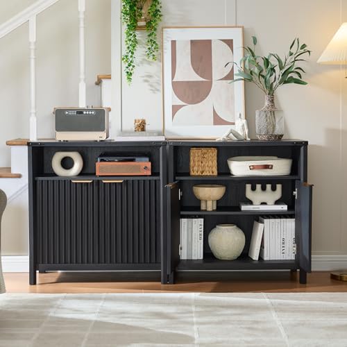 BuildHom 32 Inch Fluted Sideboard Buffet Cabinet with Storage Black Oak | Coffee Bar Cabinet with Open Shelf and 5-Level Adjustable Shelves, Farmhouse Storage Cabinet for Kitchen and Dining Room - color: Black Oak