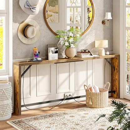 TIQLAB Sofa Table, 79 inch Long Console Table Behind Couch, Narrow Entryway Table with Angled Metal Frame, Industrial Console Table for Entryway, Rustic Brown - color: Rustic Brown, size: 79''L x 5.9''W x 31.5''H