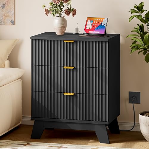 BORNOON Fluted Night Stand with 3 Drawers, Rounded Edge Bedside Table Dresser with Gold Handles, End Side Table Storage Cabinet for Bedroom - color: Black, size: With Charge Station