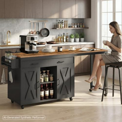 YATINEY Extendable Kitchen Island, Large Mobile Kitchen Storage Island, Rolling Kitchen Cart with Outlets, Island Table for Kitchen, Rustic Brown ZD03UBR - color: Rustic Brown + Black