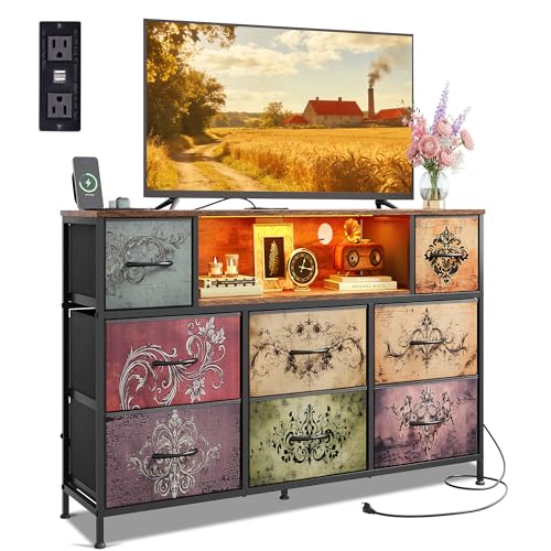 WLIVE Dresser TV Stand for 45, 50, 55 inch TV, Entertainment Center with LED Lights & Charging Station, Chest of Drawers with 8 Fabric Drawers and Open Shelves for Living Room, Hallway, Pattern - color: Pattern