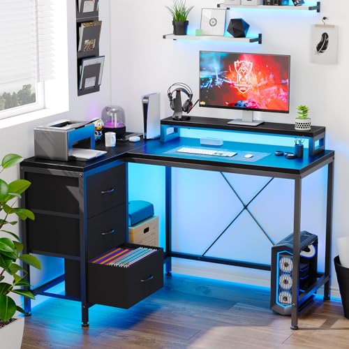 Patikuin L Shaped Desk with Power Outlets & LED Lights, Computer Desk with Drawers & Shelves, Corner Desk Gaming Desk Home Office Desk, Black - color: Black
