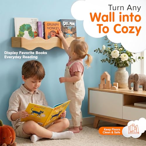 Ovalo Nursery Book Shelves Set of 2 - Solid Pine Wood Nursery Bookshelf, Floating Nursery Shelves for Wall, Wall Bookshelf for Kids Room, No-Assembly Wall Mounted Baby Book Shelf. (Natural Wood) - color: Natural Wood