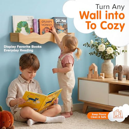 Ovalo Nursery Book Shelves Set of 2 - Solid Pine Wood Nursery Bookshelf, Floating Nursery Shelves for Wall, Wall Bookshelf for Kids Room, No-Assembly Wall Mounted Baby Book Shelf. (Natural Wood) - color: Natural Wood