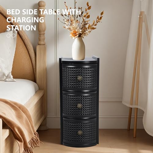 Narrow End Table with 3 Drawer, Metal Rattan Side Table with Storage, Narrow Charging Nightstand for Bedroom Bedside, Living Room Couch Sofa, Office, Desk Side Table for Small Spaces - Black - size: Drawer Black-1pcs