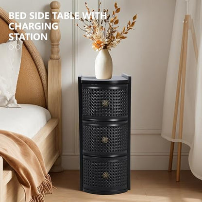 Narrow End Table with 3 Drawer, Metal Rattan Side Table with Storage, Narrow Charging Nightstand for Bedroom Bedside, Living Room Couch Sofa, Office, Desk Side Table for Small Spaces - Black - size: Drawer Black-1pcs