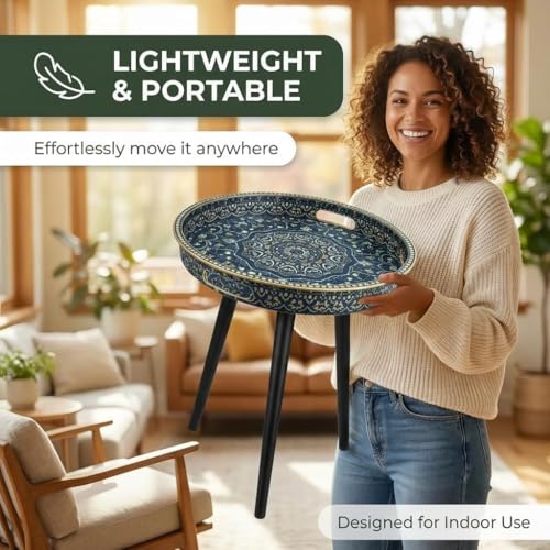 Round Indoor Side Tables with Detachable Wooden 3 Legs, Versatile Tray Table, Perfect for Round Coffee Table Tea, and Relaxation Time 17.7 Inch (33 Blue Maze) - color: 33 Blue Maze