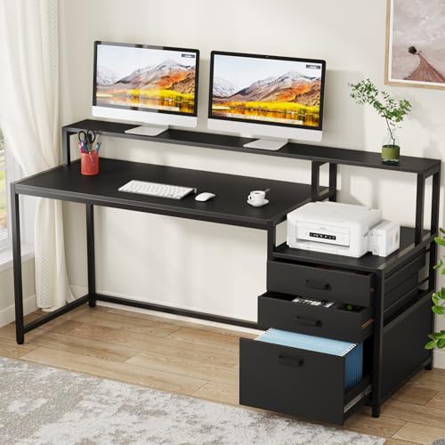 Tribesigns 63 Inch Computer Desk with File Drawer Cabinet, Ergonomic Office Desk with Monitor Stand, Industrial Computer Table with Printer Space, Wood PC Table Workstation Desks for Home Office - color: Black