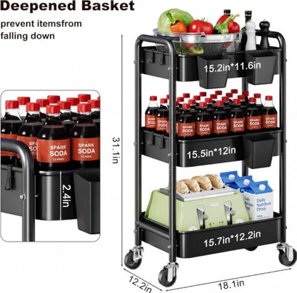 3 Tier Black Heavy Duty Rolling Cart on Wheels, Metal Utility Storage Shelves with Hanging Cup, Three Tiered Craft Carts Organizer, Shelf Cart for Bedside, Kitchen, Art, Snack, Pantry, Laundry Supply - color: Black