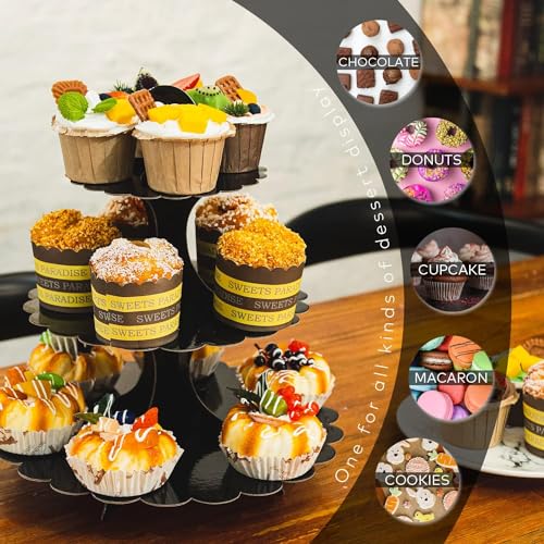 Black Cupcake Stand, 3-Tier Cardboard Dessert Display Tower, Perfect Size for Small Parties Birthday Wedding Baby Shower, Easy Assembly (1-Pack) ﻿ - color: Black 1 Pack