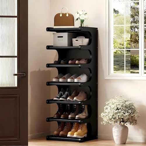 7-Tier Bamboo Shoe Rack, Vertical Narrow Shoe Rack for Small Space, Free Standing Shoe Rack for Entryway, Vertical Shoe Organizer Tower for Narrow Closet, Hallway - color: Black