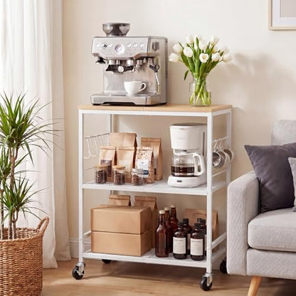 Rolling Kitchen Microwave Cart, 3-Tier Cart with Lockable Casters, 6 S Hooks for Towels, Rolling Kitchen Storage Rack, Space Saving Stand for Small Kitchen, Apartment, Coffee Bar - color: White