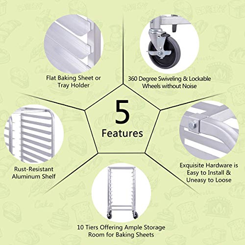 Giantex 10 Tier Aluminum Bakery Rack, Commercial Kitchen Bun Pan Sheet Pan Rack, Mobile Bakers Trolley with Storage Cooling Racks and Lockable Casters