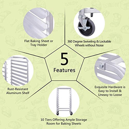 Giantex 10 Tier Aluminum Bakery Rack, Commercial Kitchen Bun Pan Sheet Pan Rack, Mobile Bakers Trolley with Storage Cooling Racks and Lockable Casters