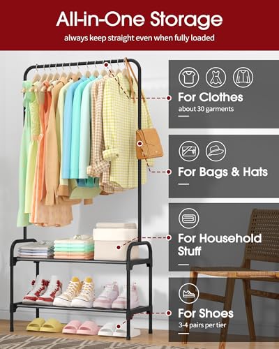 Sakugi Clothes Rack - 29.3" × 12.5" × 59.6" Clothing Rack and Shoe Rack with Anti-Slip Stopper, Large Capacity Rack with 2-Tier Shoe Organizer, Clothes Organizer for Bedroom, Entrance, Laundry, Black - color: Black